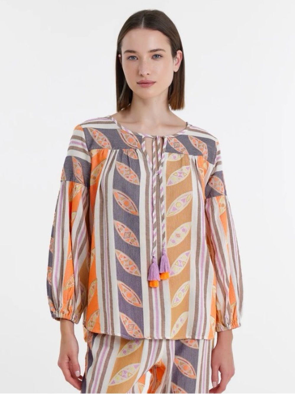 Boho Tassel Peasant Top in Orange & Purple by Devotion Twins Medium